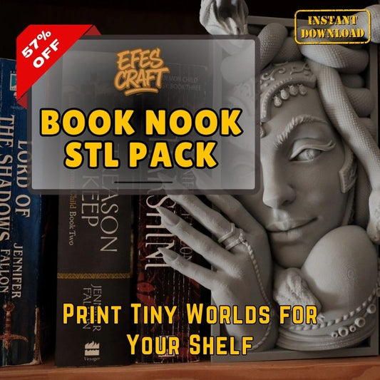 book nook, diorama, bookshelf decor, fantasy, steampunk, bookworm, 3d print, stl pack, reading gift, mini world, printable art, home library, book decor, 3d bookshelf, nook insert, book shelf model, rpg shelf, cozy, tiny world, led nook